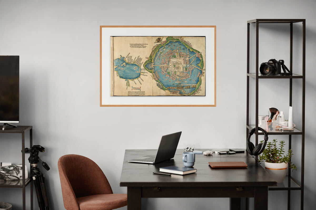 Plano de Tenochtitlan y mapa del Golfo de México, grabado de Núremberg de 1524